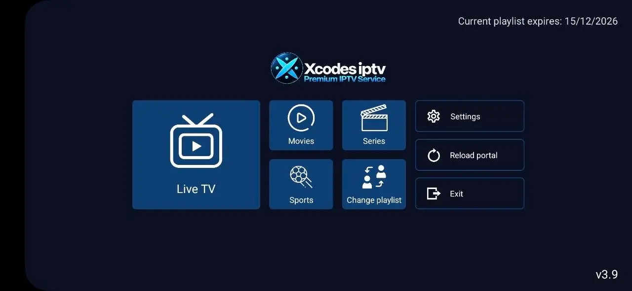 XCodes IPTV app home screen with Live TV, Movies, Series and Sports